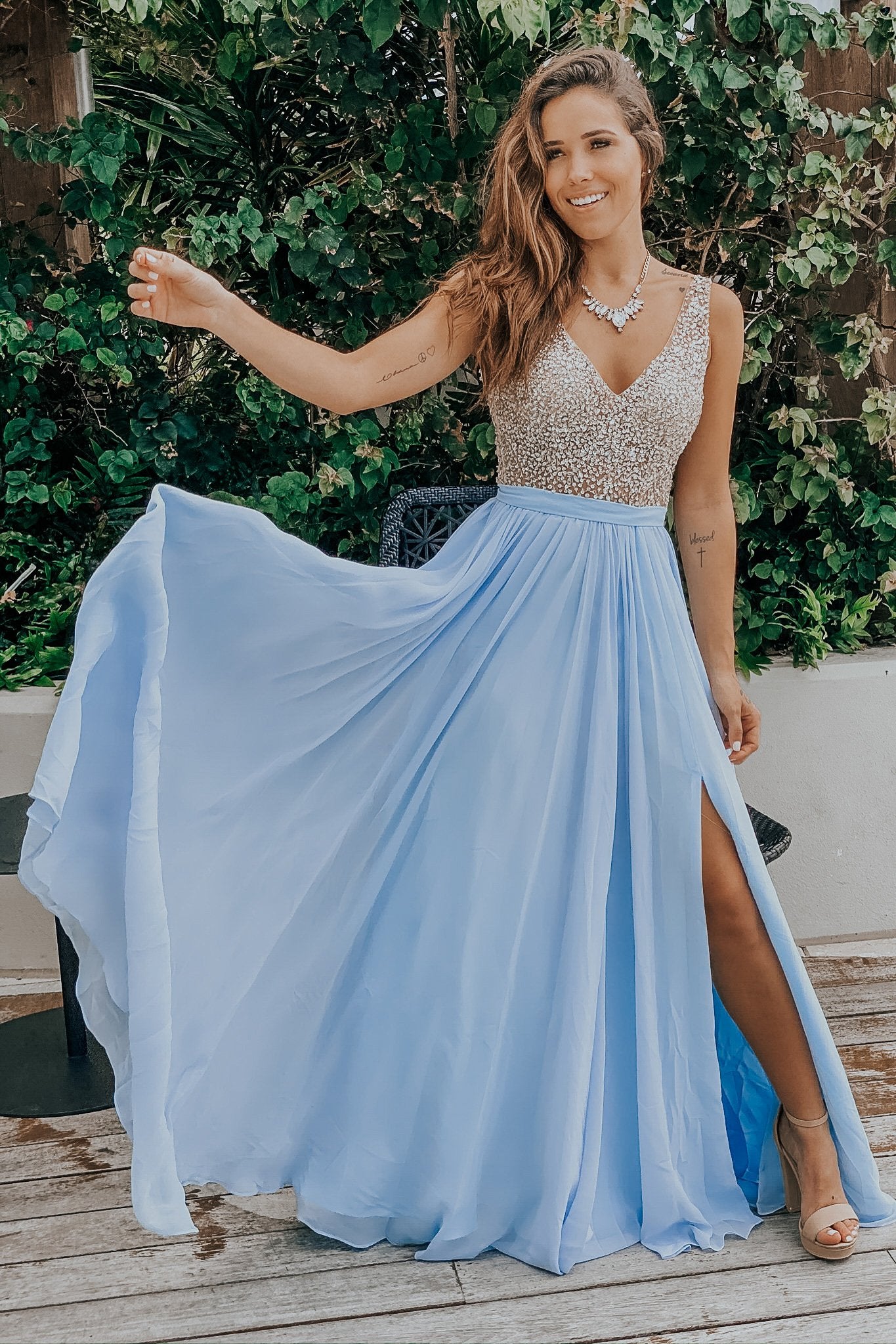 Sky Blue Maxi Dress with Silver Jewels ...